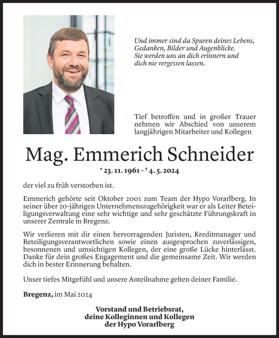 Todesanzeige von Emmerich Schneider von Vorarlberger Nachrichten