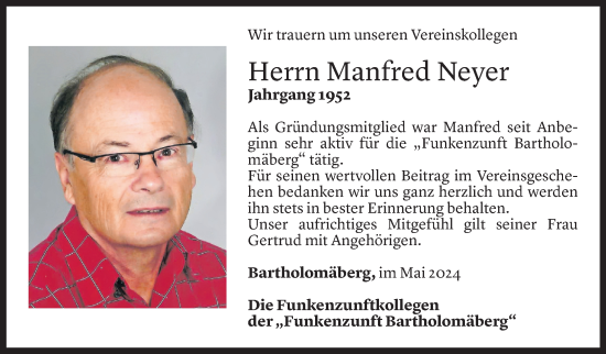 Todesanzeige von Manfred Neyer von Vorarlberger Nachrichten