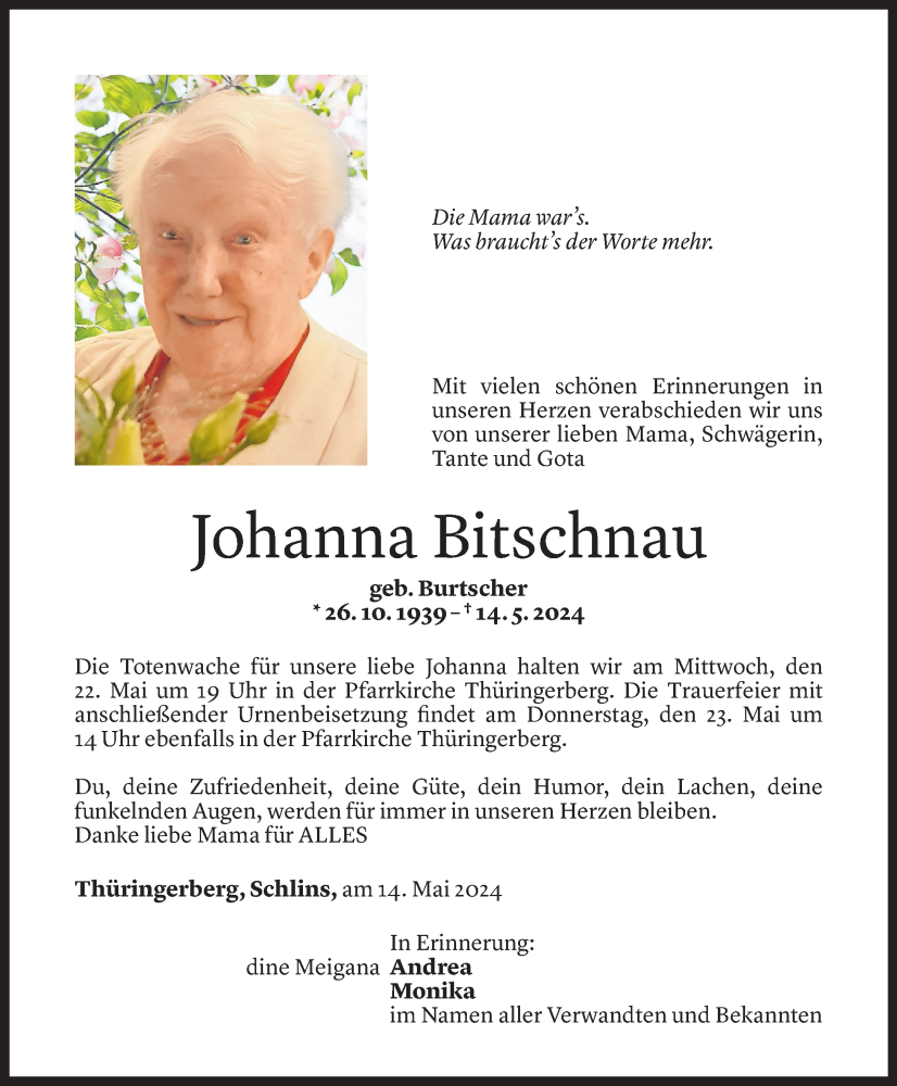  Todesanzeige für Johanna Bitschnau vom 18.05.2024 aus Vorarlberger Nachrichten