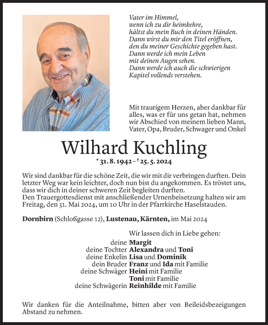 Todesanzeige von Wilhard Kuchling von Vorarlberger Nachrichten