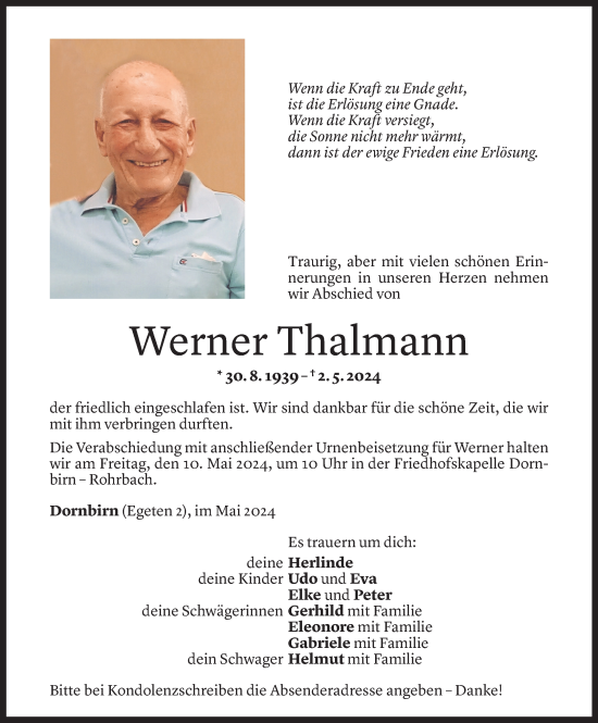 Todesanzeige von Werner Thalmann von Vorarlberger Nachrichten