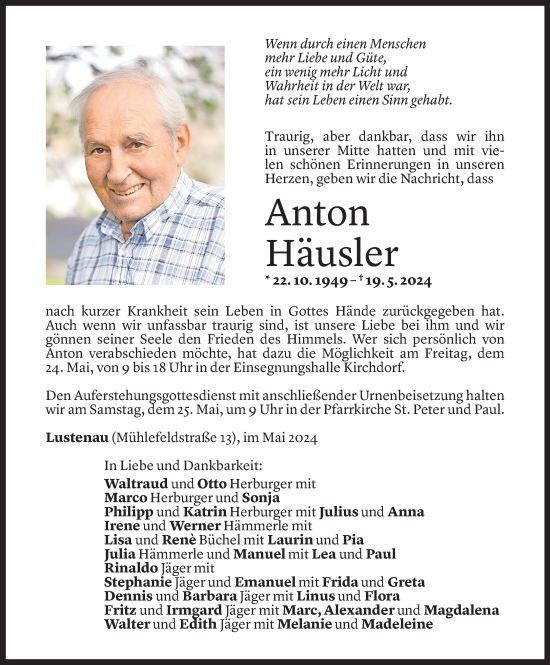 Todesanzeige von Anton Häusler von Vorarlberger Nachrichten