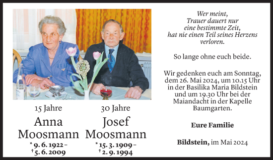 Todesanzeige von Anna und Herr Josef Moosmann von Vorarlberger Nachrichten
