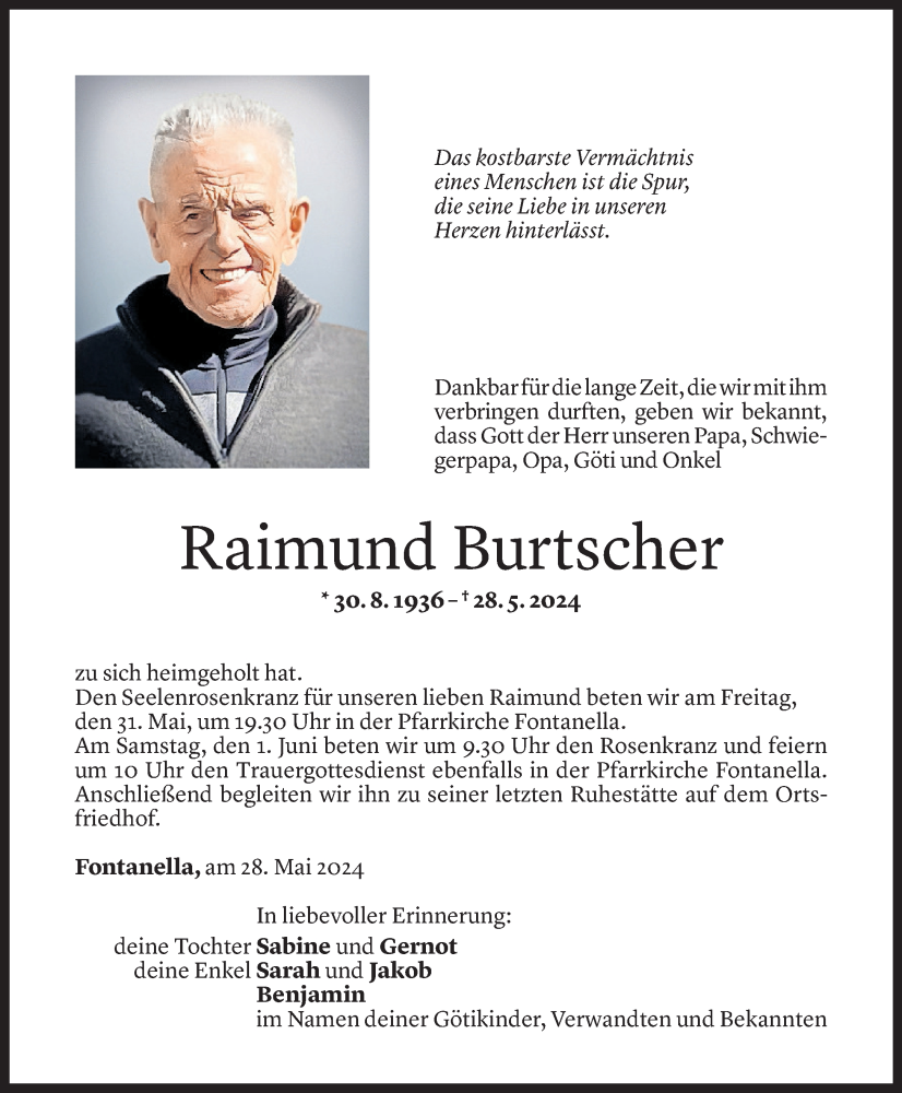  Todesanzeige für Raimund Burtscher vom 30.05.2024 aus Vorarlberger Nachrichten