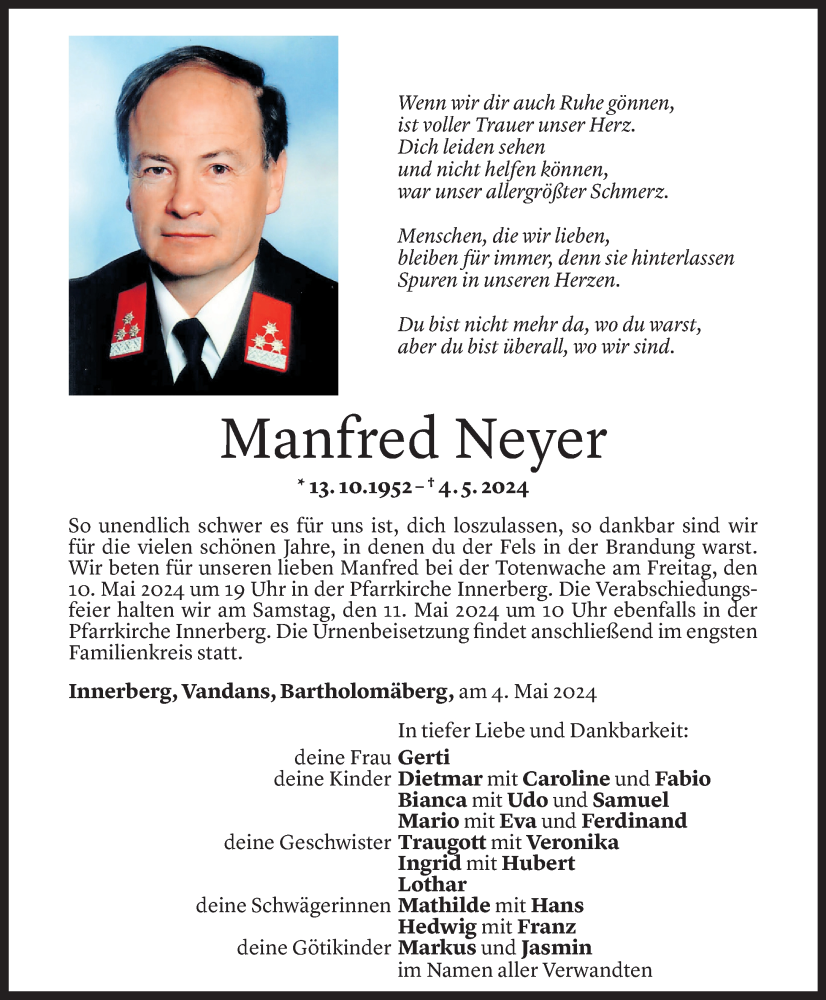  Todesanzeige für Manfred Neyer vom 08.05.2024 aus Vorarlberger Nachrichten