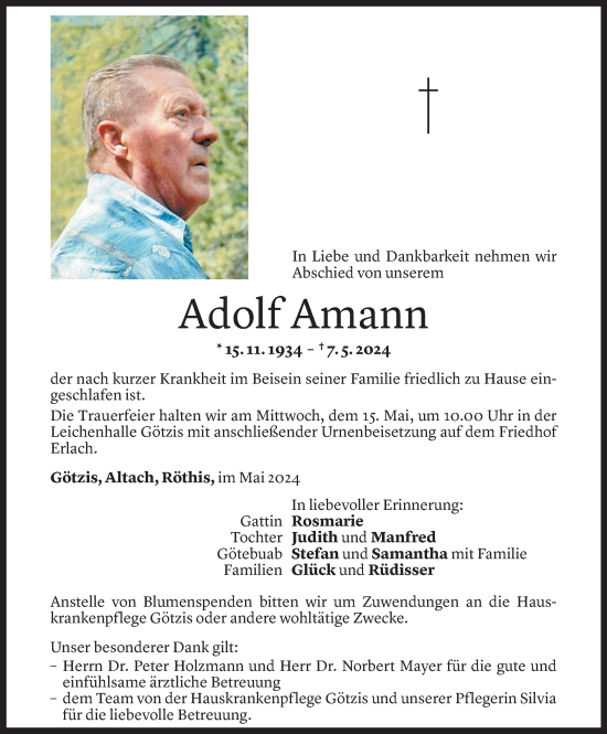 Todesanzeige von Adolf Amann von Vorarlberger Nachrichten