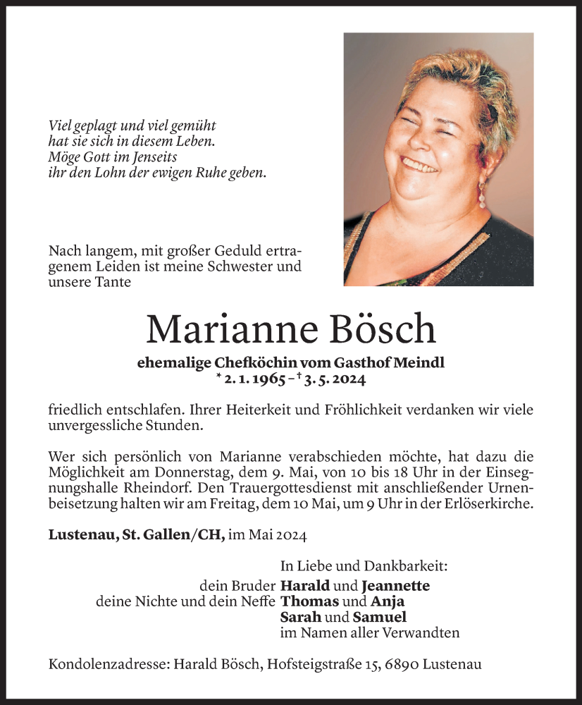  Todesanzeige für Marianne Bösch vom 07.05.2024 aus Vorarlberger Nachrichten