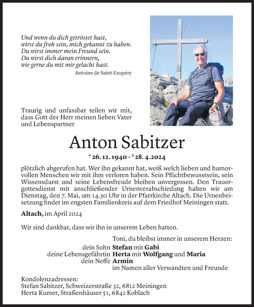  Todesanzeige für Anton Sabitzer vom 03.05.2024 aus Vorarlberger Nachrichten