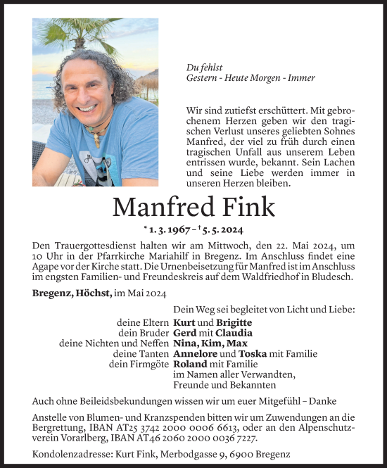 Todesanzeige von Manfred Fink von Vorarlberger Nachrichten