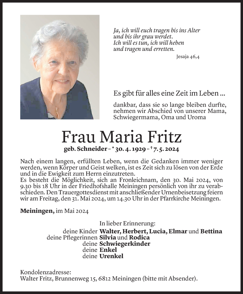  Todesanzeige für Maria Fritz vom 25.05.2024 aus Vorarlberger Nachrichten