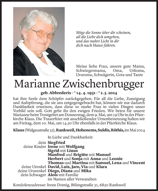 Todesanzeige von Marianne Zwischenbrugger von Vorarlberger Nachrichten