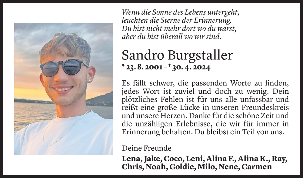  Todesanzeige für Sandro Burgstaller vom 10.05.2024 aus Vorarlberger Nachrichten
