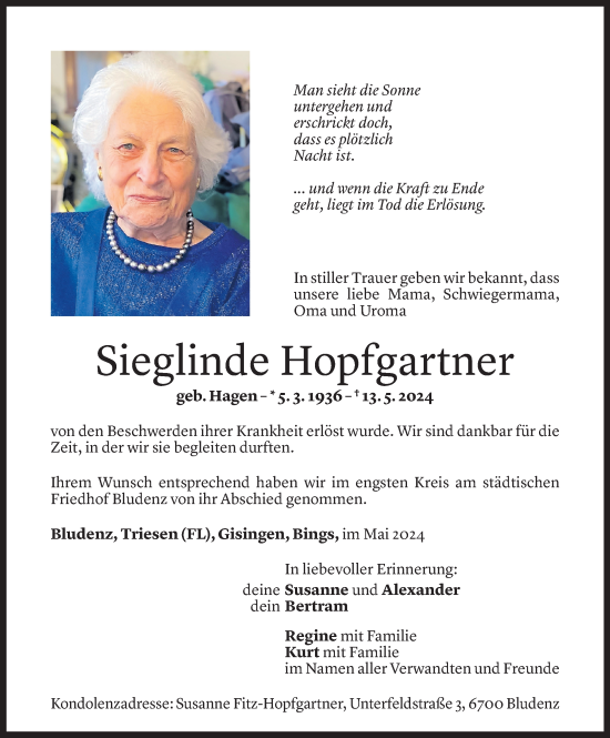 Todesanzeige von Sieglinde Hopfgartner von Vorarlberger Nachrichten