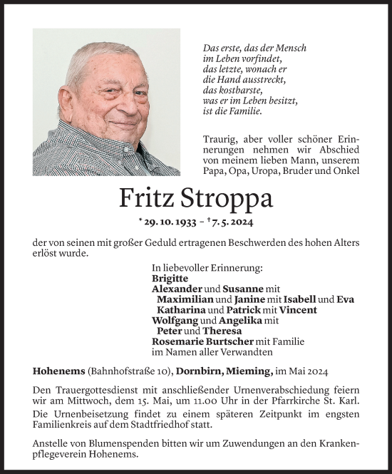Todesanzeige von Fritz Stroppa von Vorarlberger Nachrichten