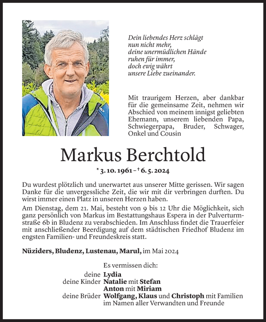Todesanzeige von Markus Berchtold von Vorarlberger Nachrichten
