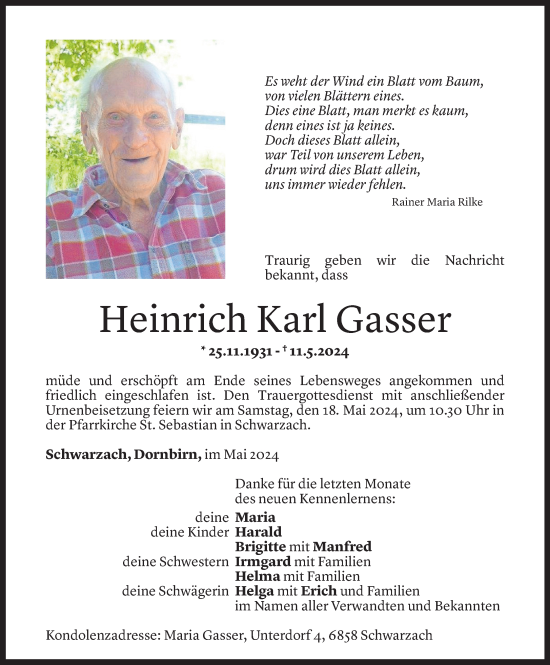 Todesanzeige von Heinrich Gasser von Vorarlberger Nachrichten