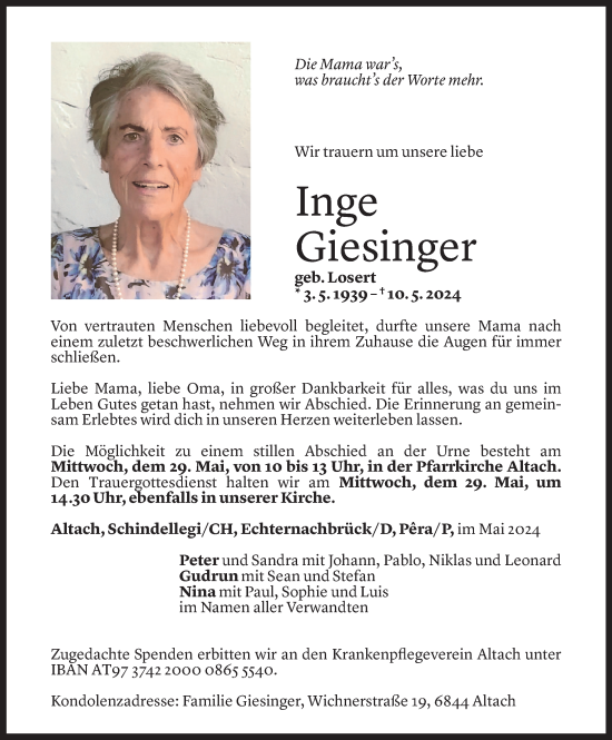 Todesanzeige von Inge Giesinger von Vorarlberger Nachrichten