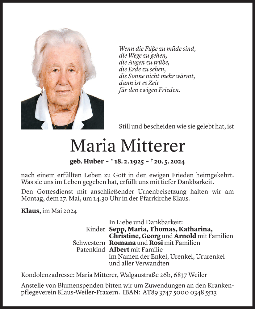  Todesanzeige für Maria Mitterer vom 23.05.2024 aus Vorarlberger Nachrichten