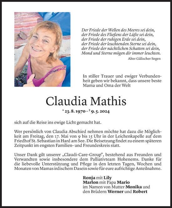 Todesanzeige von Claudia Mathis von Vorarlberger Nachrichten