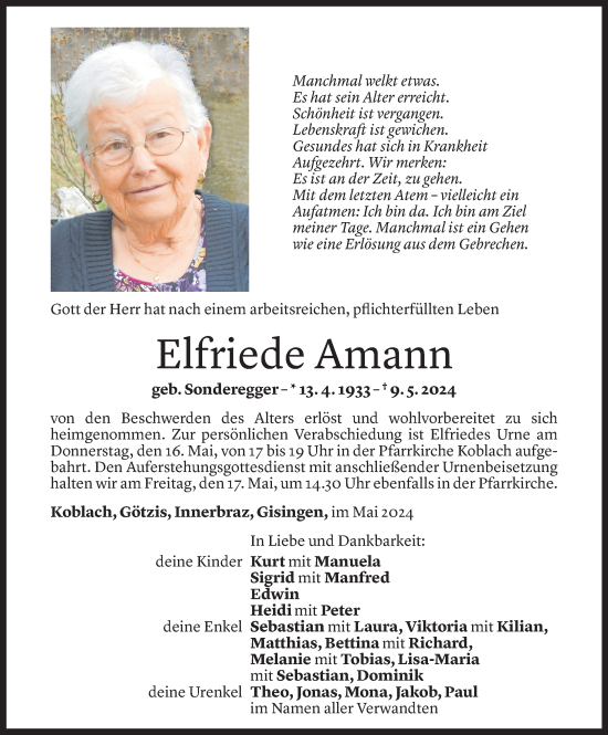 Todesanzeige von Elfriede Amann von Vorarlberger Nachrichten