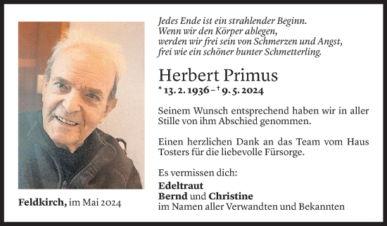 Todesanzeige von Herbert Primus von Vorarlberger Nachrichten
