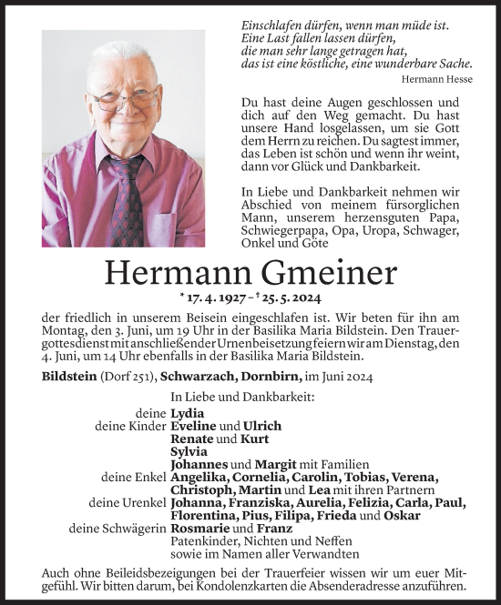 Todesanzeige von Hermann Gmeiner von Vorarlberger Nachrichten