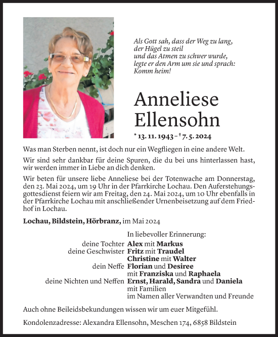 Todesanzeige von Anneliese Ellensohn von Vorarlberger Nachrichten