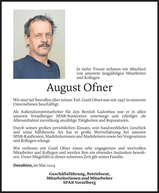 Todesanzeige von August Ofner von Vorarlberger Nachrichten