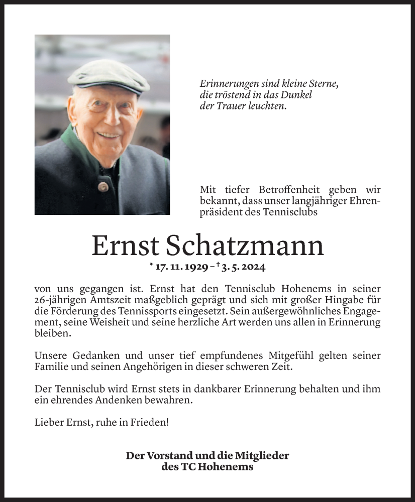  Todesanzeige für Ernst Schatzmann vom 08.05.2024 aus Vorarlberger Nachrichten