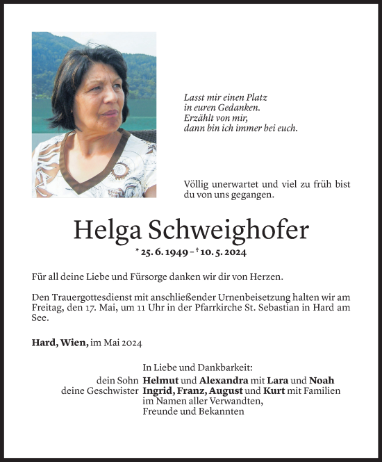 Todesanzeige von Helga Schweighofer von Vorarlberger Nachrichten
