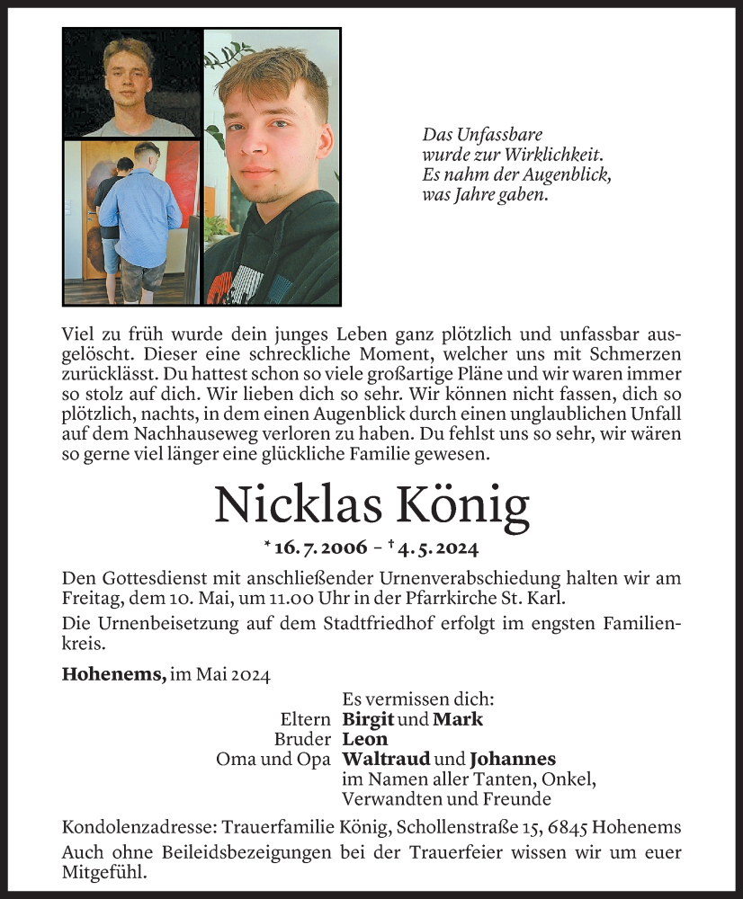  Todesanzeige für Nicklas König vom 08.05.2024 aus Vorarlberger Nachrichten