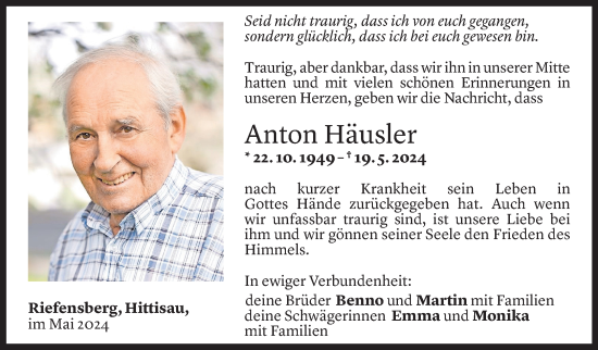 Todesanzeige von Anton Häusler von Vorarlberger Nachrichten