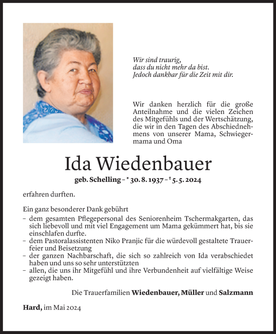 Todesanzeige von Ida Wiedenbauer von Vorarlberger Nachrichten