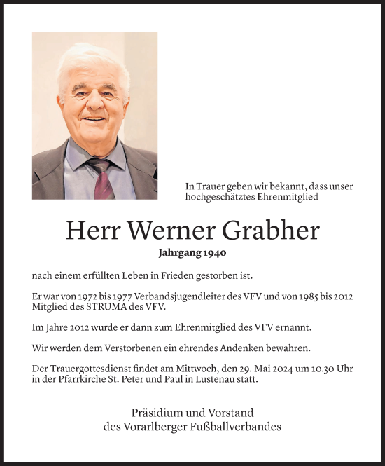 Todesanzeige von Werner Grabher von Vorarlberger Nachrichten