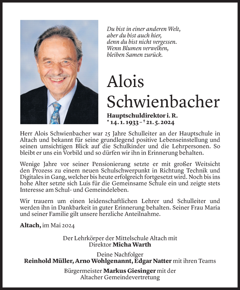  Todesanzeige für Alois Schwienbacher vom 23.05.2024 aus Vorarlberger Nachrichten