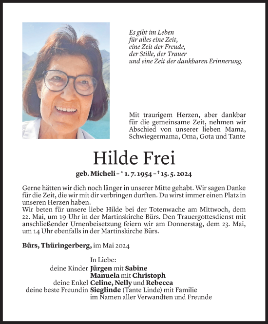 Todesanzeige von Hilde Frei von Vorarlberger Nachrichten
