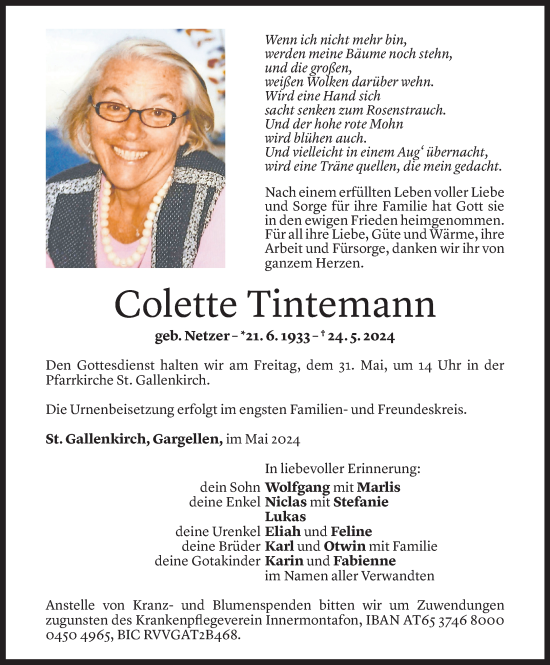 Todesanzeige von Colette Tintemann von Vorarlberger Nachrichten