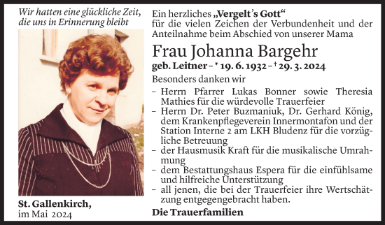 Todesanzeige von Johanna Bargehr von Vorarlberger Nachrichten