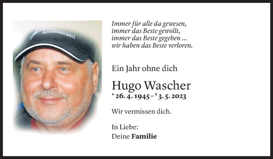 Todesanzeige von Hugo Wascher von Vorarlberger Nachrichten