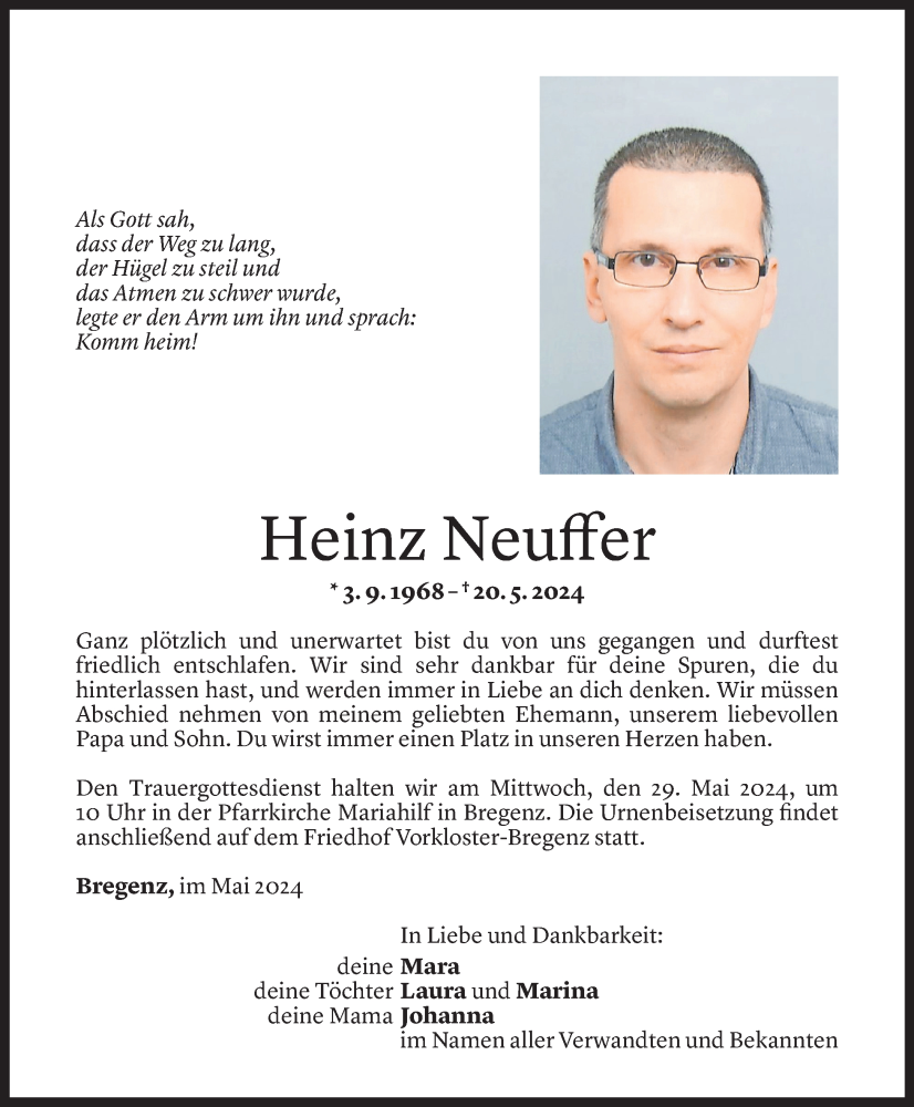  Todesanzeige für Heinz Neuffer vom 24.05.2024 aus Vorarlberger Nachrichten