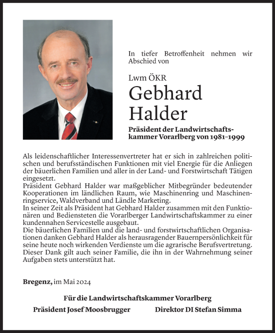 Todesanzeige von Gebhard Halder von Vorarlberger Nachrichten