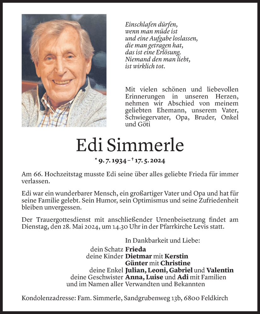  Todesanzeige für Edi Simmerle vom 25.05.2024 aus Vorarlberger Nachrichten