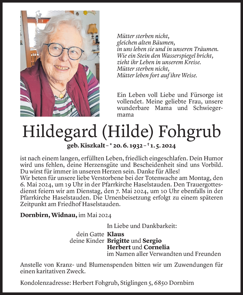  Todesanzeige für Hildegard Fohgrub vom 04.05.2024 aus Vorarlberger Nachrichten