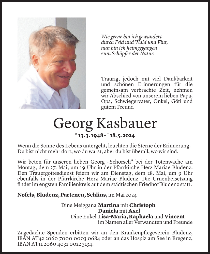  Todesanzeige für Georg Kasbauer vom 23.05.2024 aus Vorarlberger Nachrichten