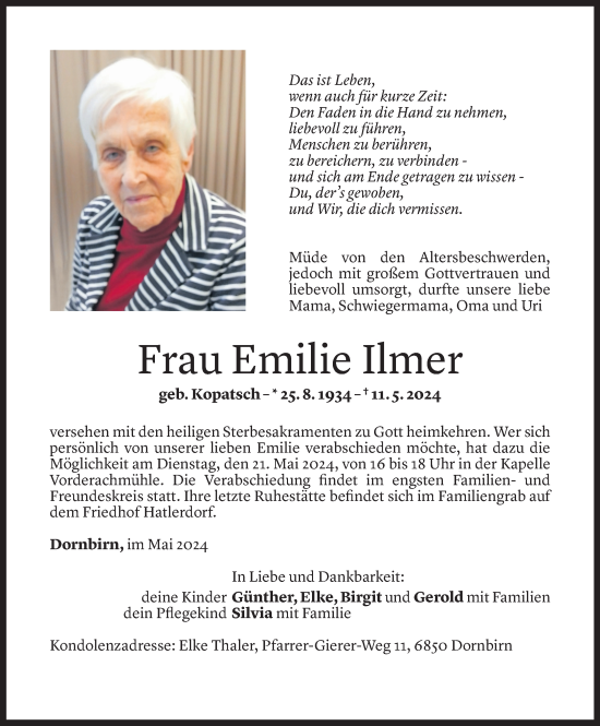 Todesanzeige von Emilie Ilmer von Vorarlberger Nachrichten
