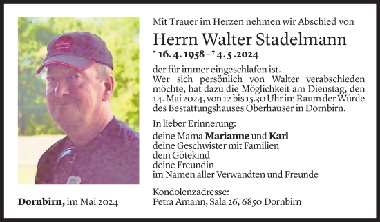 Todesanzeige von Walter Stadelmann von Vorarlberger Nachrichten