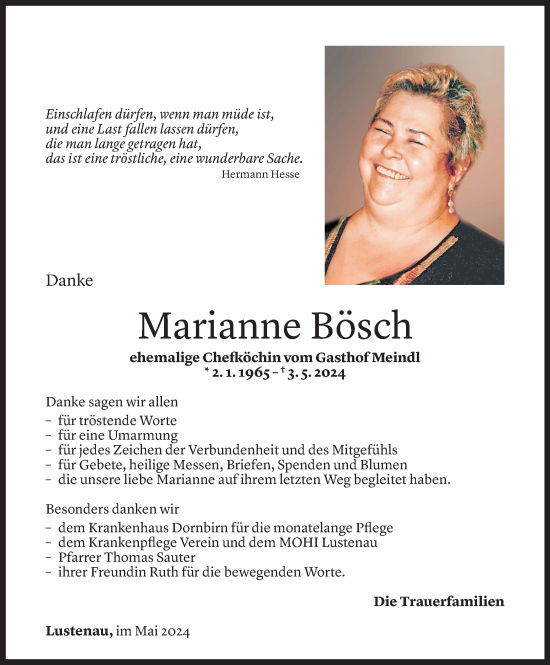 Todesanzeige von Marianne Bösch von Vorarlberger Nachrichten