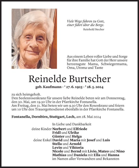 Todesanzeige von Reinelde Burtscher von Vorarlberger Nachrichten
