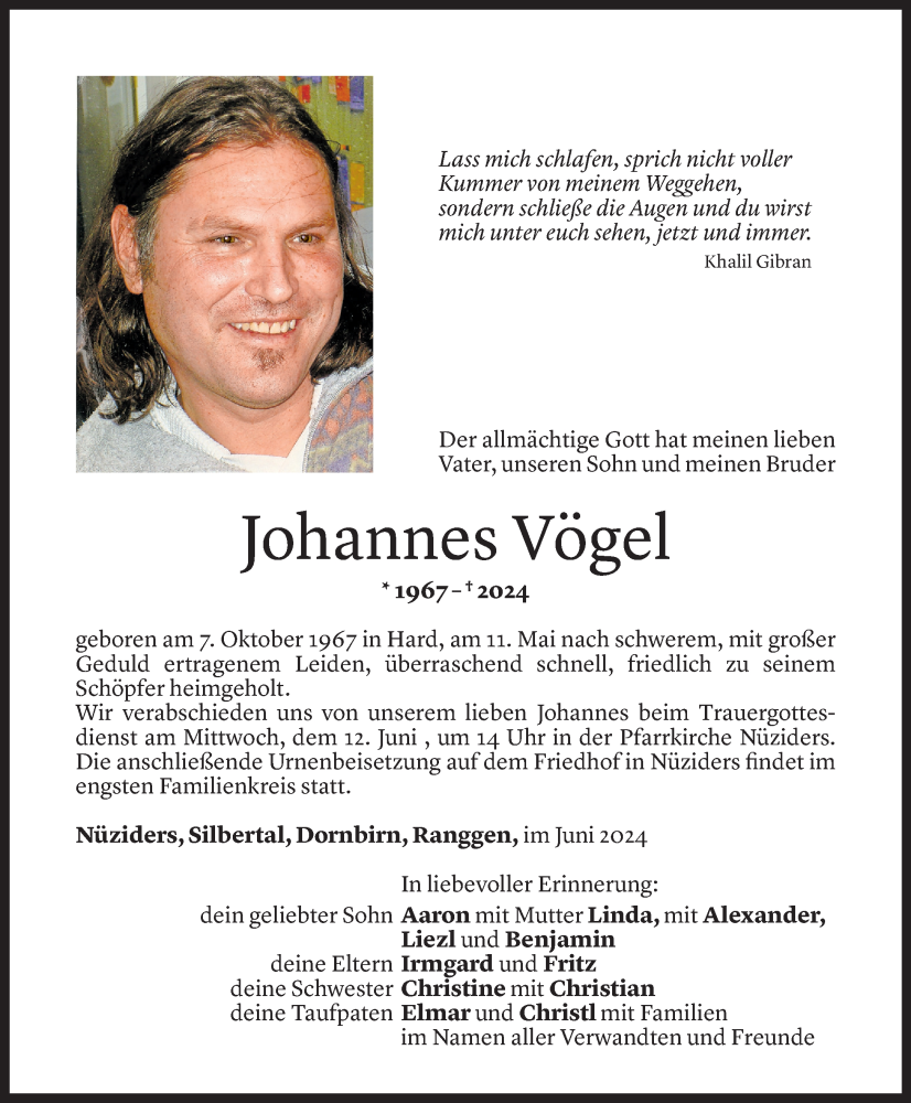  Todesanzeige für Johannes Vögel vom 08.06.2024 aus Vorarlberger Nachrichten