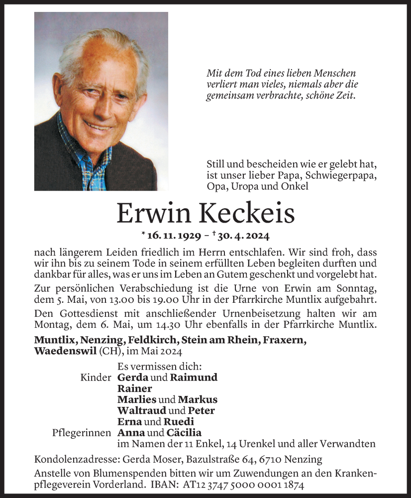  Todesanzeige für Erwin Keckeis vom 02.05.2024 aus Vorarlberger Nachrichten